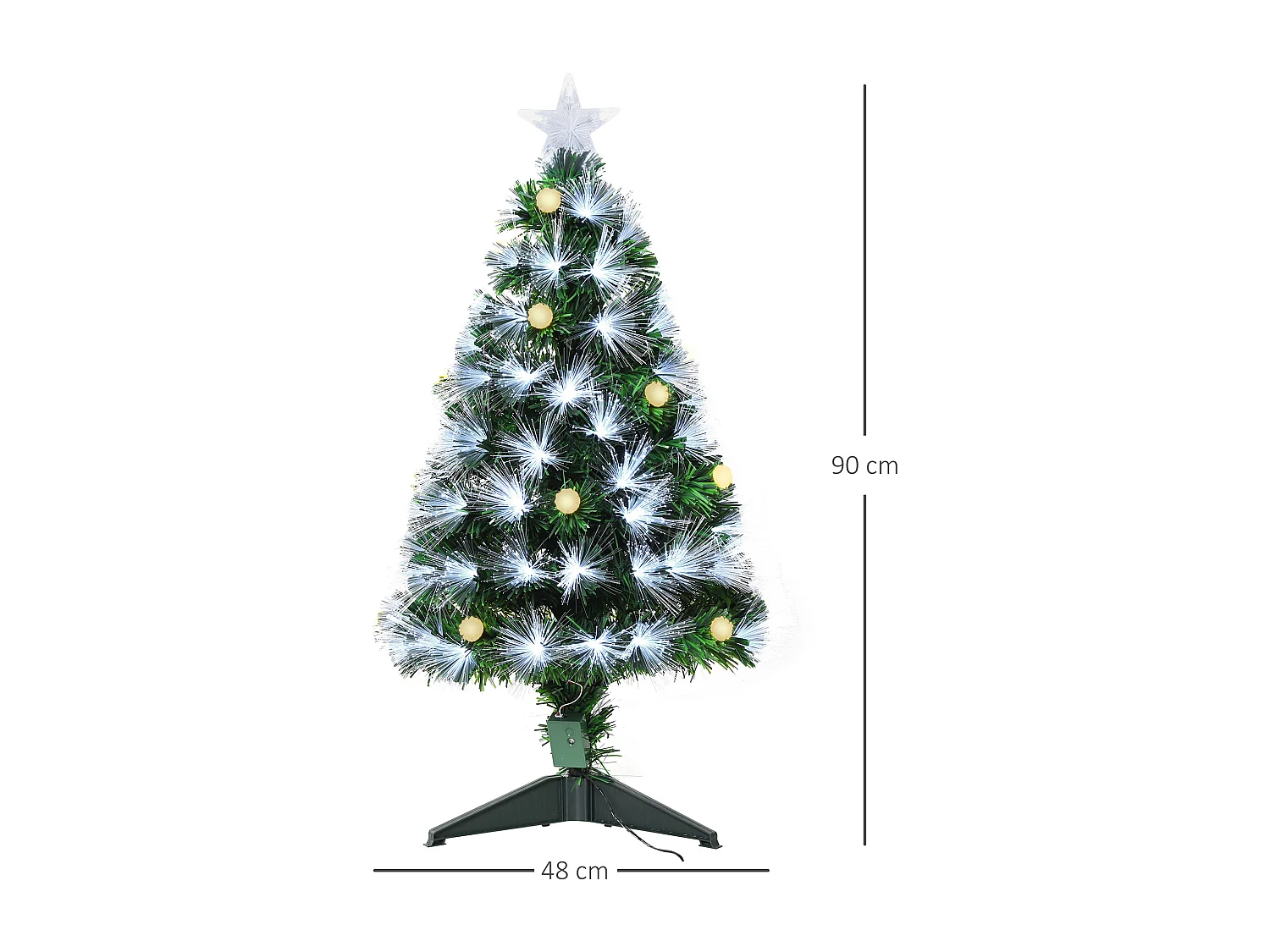 Sapin de Noël artificiel lumineux fibre optique LED + 14 ampoules + support pied Ø 48 x 90H cm 90 branches étoile sommet brillante vert