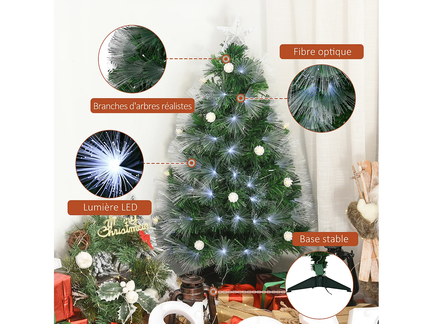 Sapin de Noël artificiel lumineux fibre optique LED + 14 ampoules + support pied Ø 48 x 90H cm 90 branches étoile sommet brillante vert