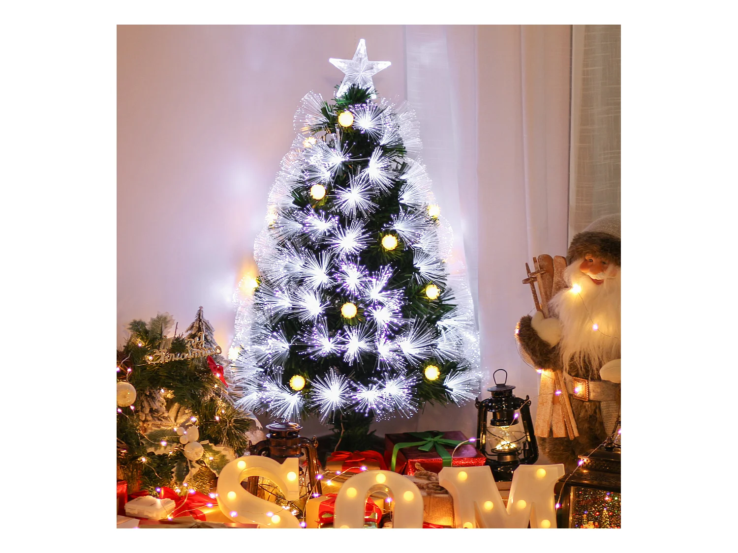 Sapin de Noël artificiel lumineux fibre optique LED + 14 ampoules + support pied Ø 48 x 90H cm 90 branches étoile sommet brillante vert