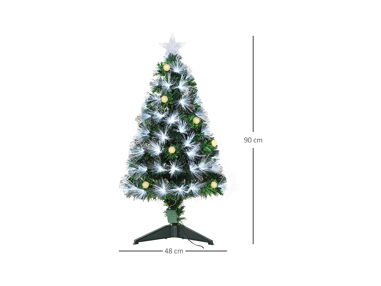 Sapin de Noël artificiel lumineux fibre optique LED + 14 ampoules + support pied Ø 48 x 90H cm 90 branches étoile sommet brillante vert