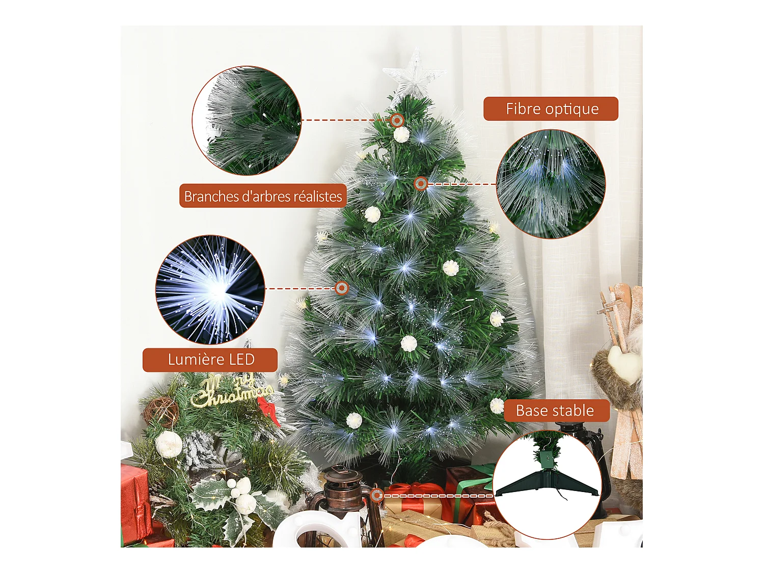 Sapin de Noël artificiel lumineux fibre optique LED + 14 ampoules + support pied Ø 48 x 90H cm 90 branches étoile sommet brillante vert