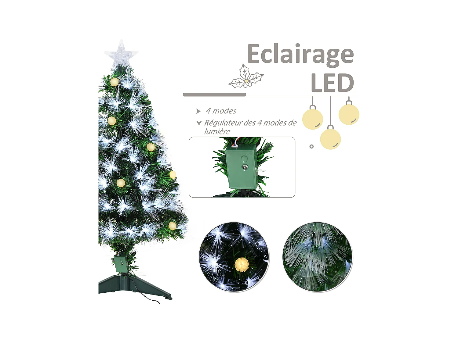 Sapin de Noël artificiel lumineux fibre optique LED + 14 ampoules + support pied Ø 48 x 90H cm 90 branches étoile sommet brillante vert