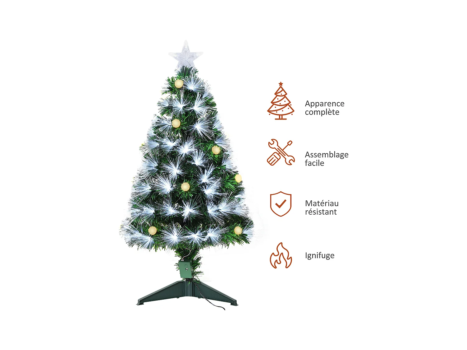 Sapin de Noël artificiel lumineux fibre optique LED + 14 ampoules + support pied Ø 48 x 90H cm 90 branches étoile sommet brillante vert