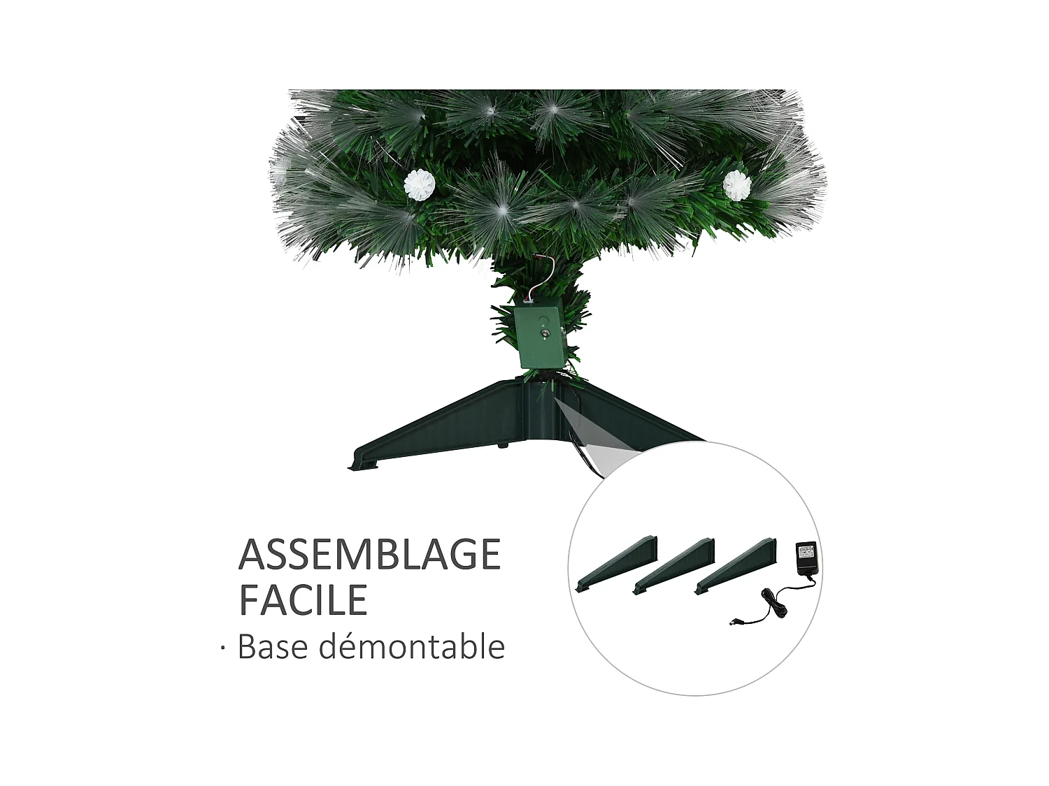 Sapin de Noël artificiel lumineux fibre optique LED + 14 ampoules + support pied Ø 48 x 90H cm 90 branches étoile sommet brillante vert