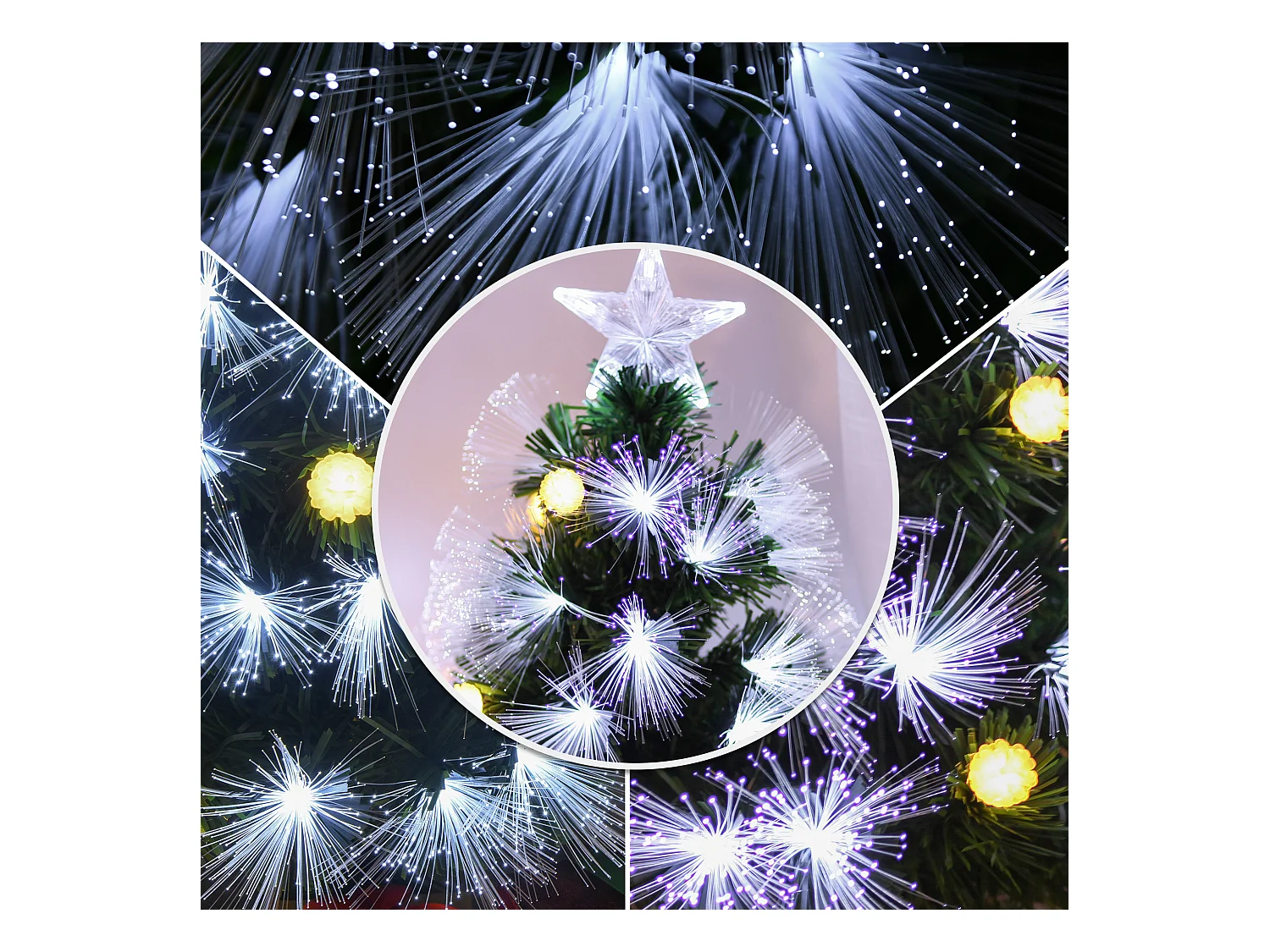 Sapin de Noël artificiel lumineux fibre optique LED + 14 ampoules + support pied Ø 48 x 90H cm 90 branches étoile sommet brillante vert