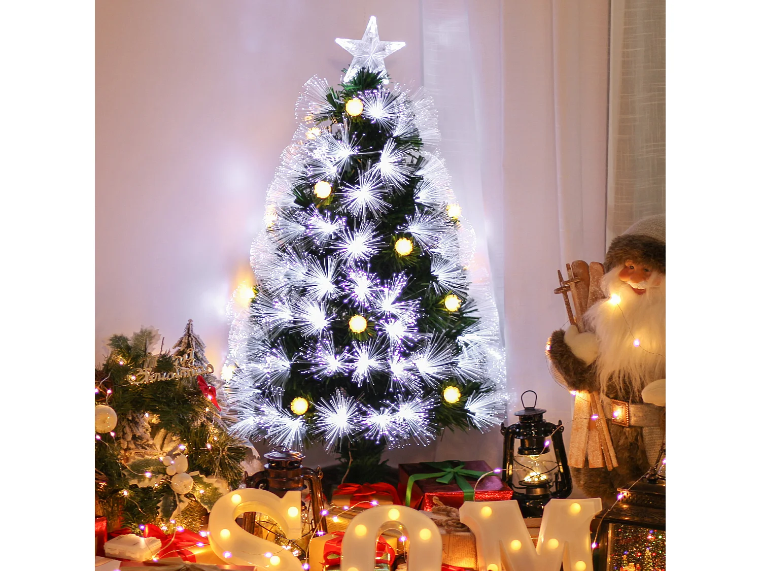 Sapin de Noël artificiel lumineux fibre optique LED + 14 ampoules + support pied Ø 48 x 90H cm 90 branches étoile sommet brillante vert