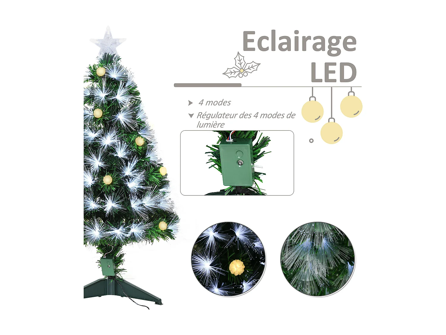 Sapin de Noël artificiel lumineux fibre optique LED + 14 ampoules + support pied Ø 48 x 90H cm 90 branches étoile sommet brillante vert