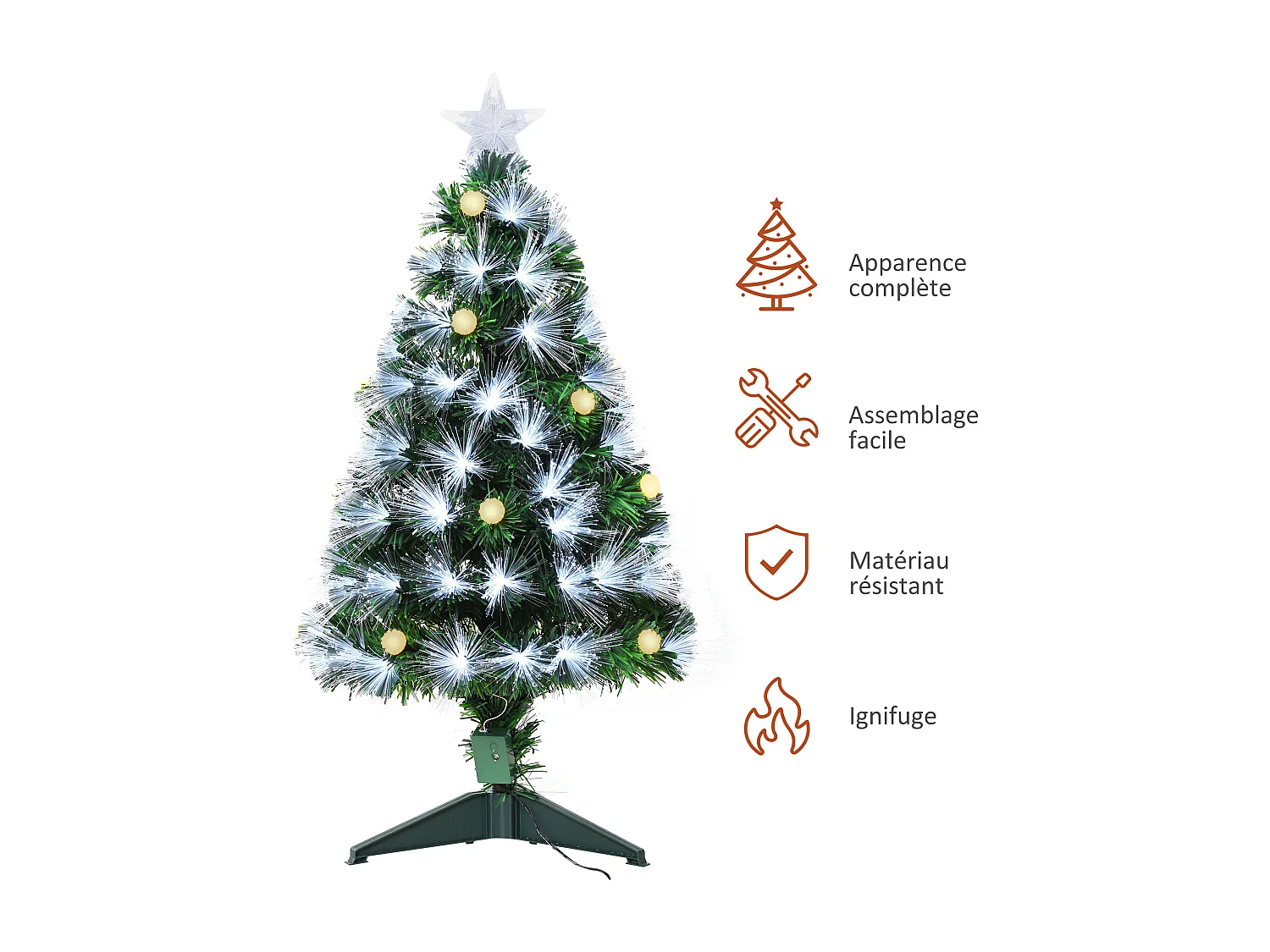 Sapin de Noël artificiel lumineux fibre optique LED + 14 ampoules + support pied Ø 48 x 90H cm 90 branches étoile sommet brillante vert