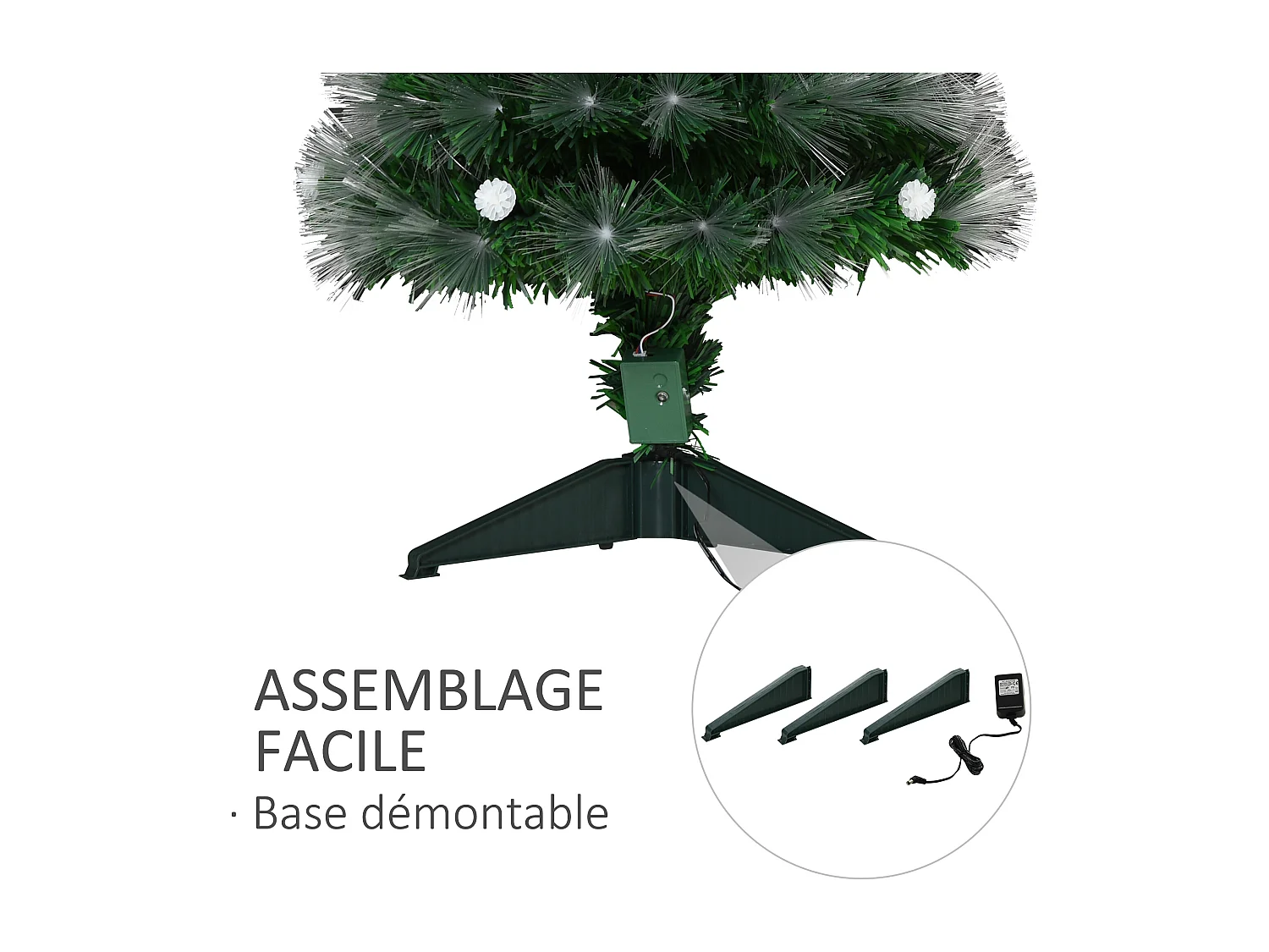 Sapin de Noël artificiel lumineux fibre optique LED + 14 ampoules + support pied Ø 48 x 90H cm 90 branches étoile sommet brillante vert