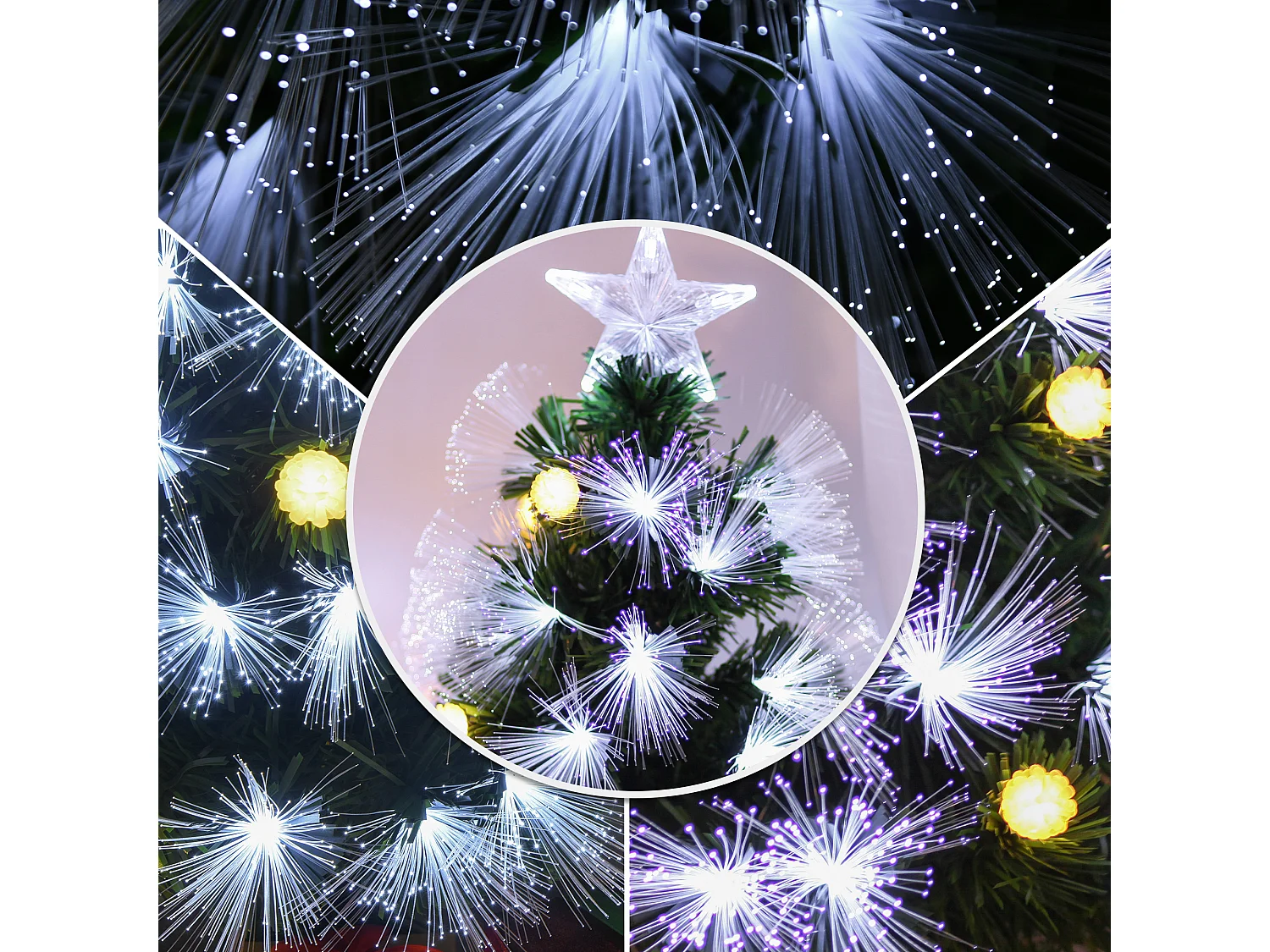 Sapin de Noël artificiel lumineux fibre optique LED + 14 ampoules + support pied Ø 48 x 90H cm 90 branches étoile sommet brillante vert