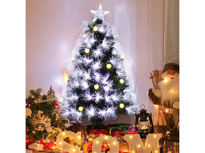 Sapin de Noël artificiel lumineux fibre optique LED + 14 ampoules + support pied Ø 48 x 90H cm 90 branches étoile sommet brillante vert