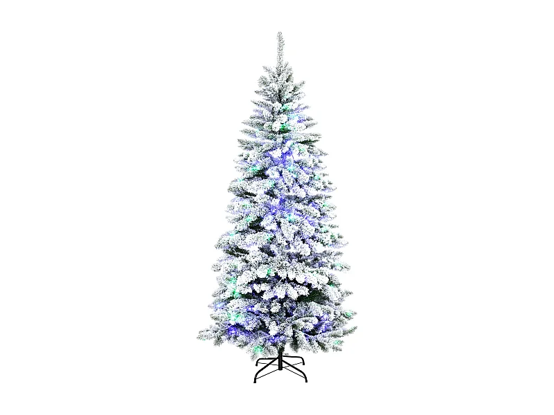 Sapin de Noël artificiel enneigé lumineux LED x 250 multicolore Ø 112 x 210H cm 829 branches vert blanc