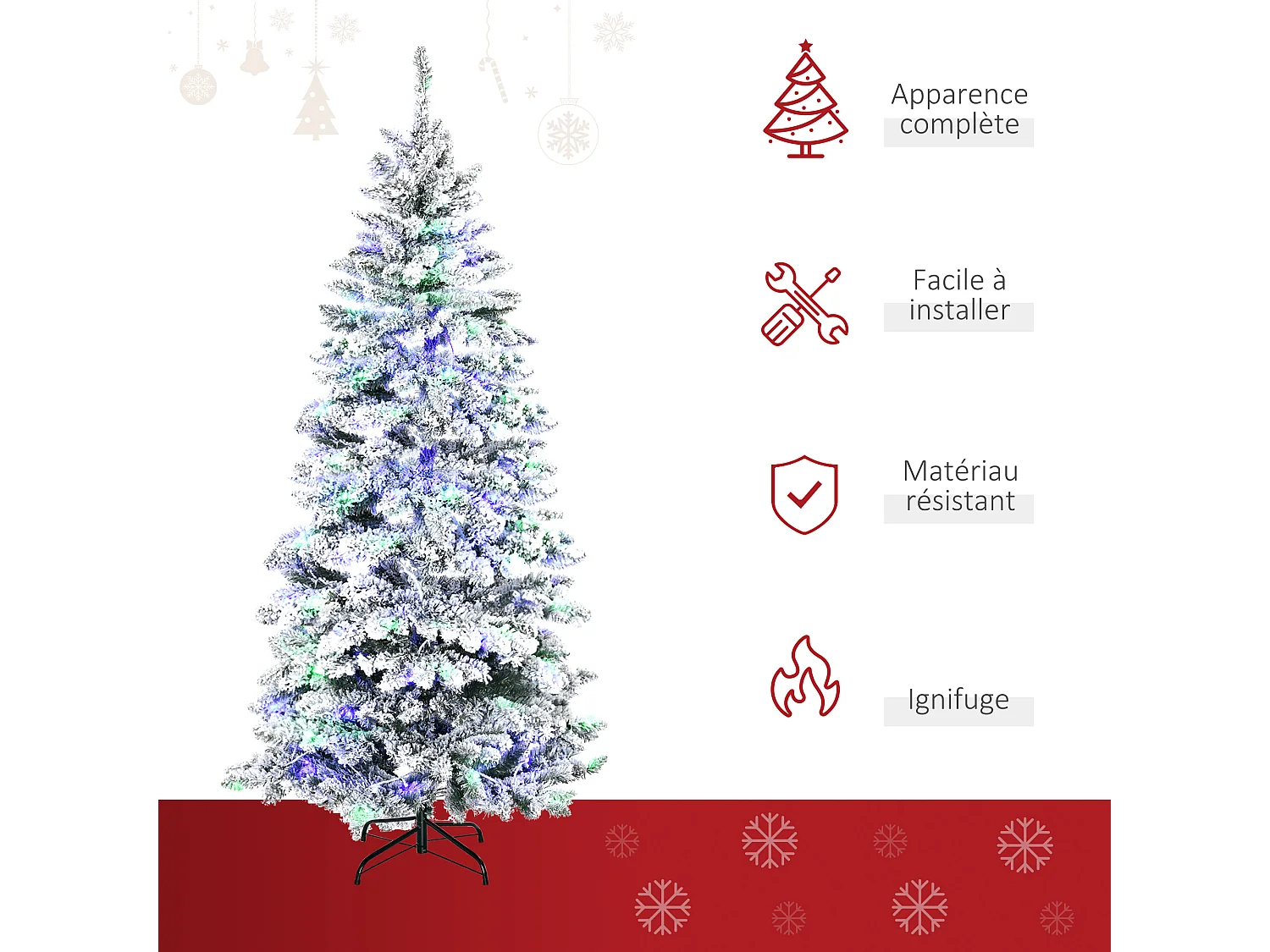 Sapin de Noël artificiel enneigé lumineux LED x 250 multicolore Ø 112 x 210H cm 829 branches vert blanc