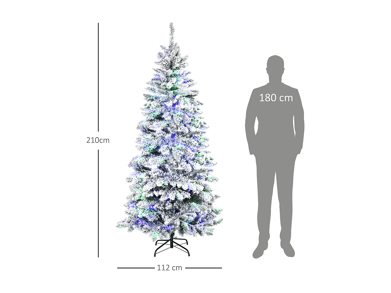 Sapin de Noël artificiel enneigé lumineux LED x 250 multicolore Ø 112 x 210H cm 829 branches vert blanc