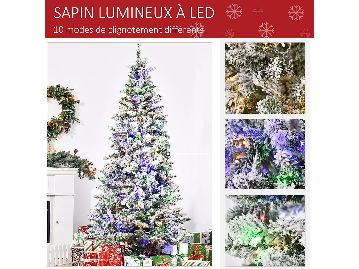 Sapin de Noël artificiel enneigé lumineux LED x 250 multicolore Ø 112 x 210H cm 829 branches vert blanc