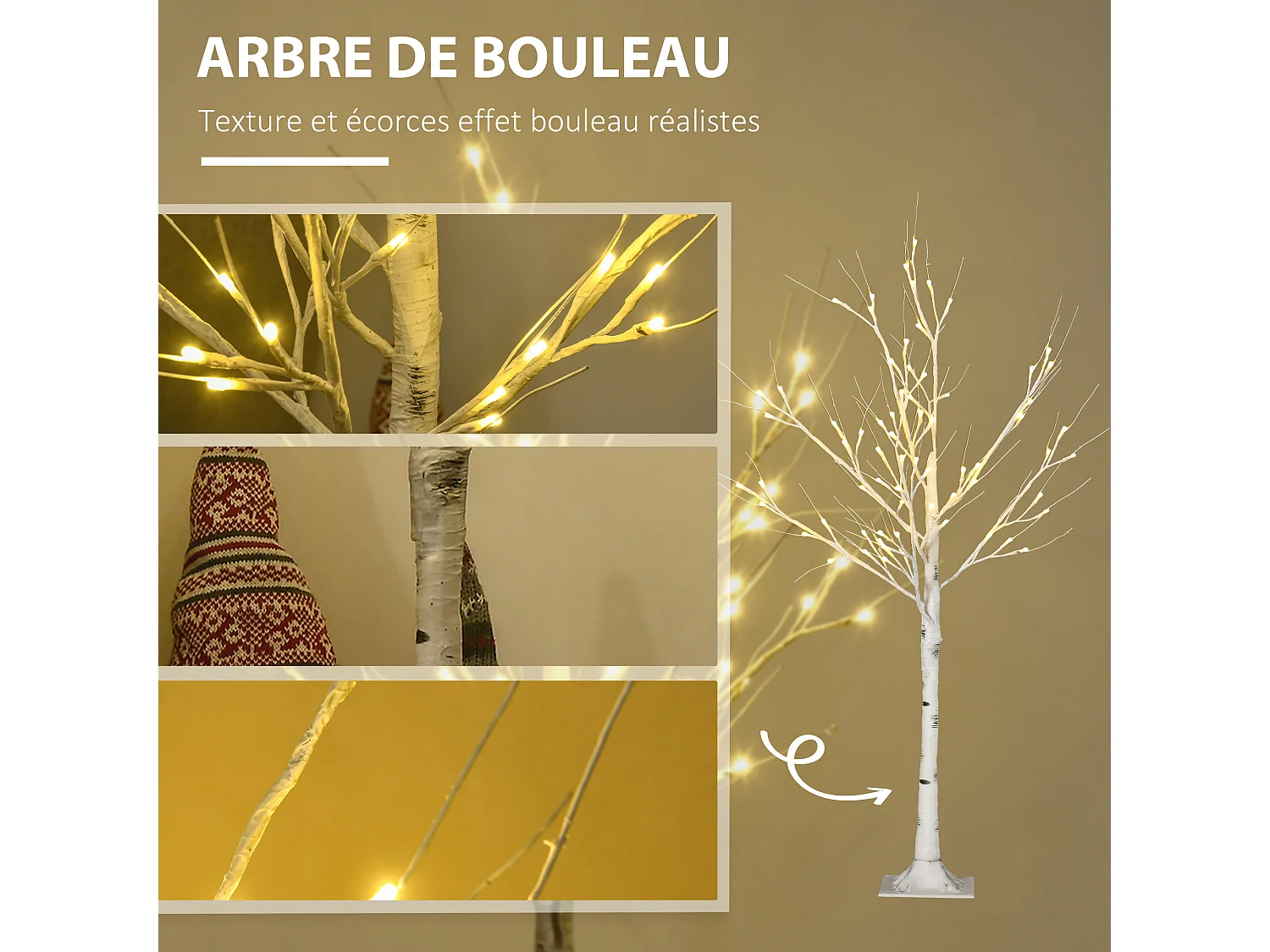 Arbre lumineux LED - décoration lumineuse de Noël - 72 LEDS - 1,2H m - métal PP blanc