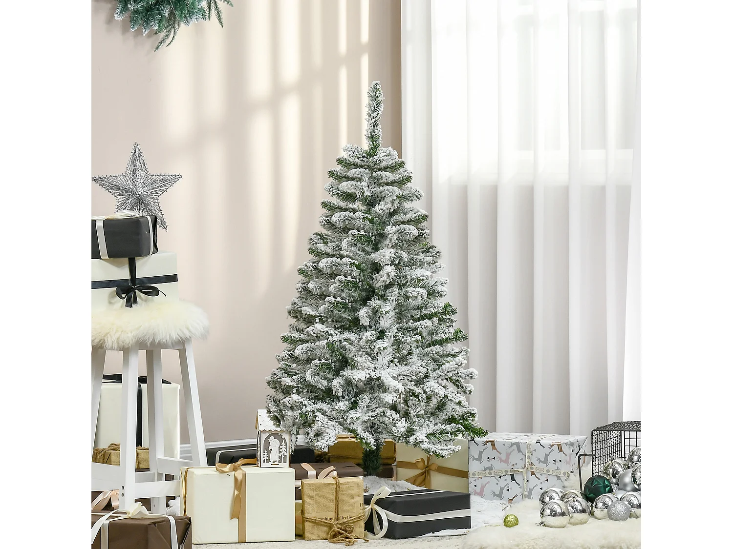 Sapin de Noël artificiel aspect enneigé Ø 70 x 120H cm 200 branches épines imitation Nordmann grand réalisme