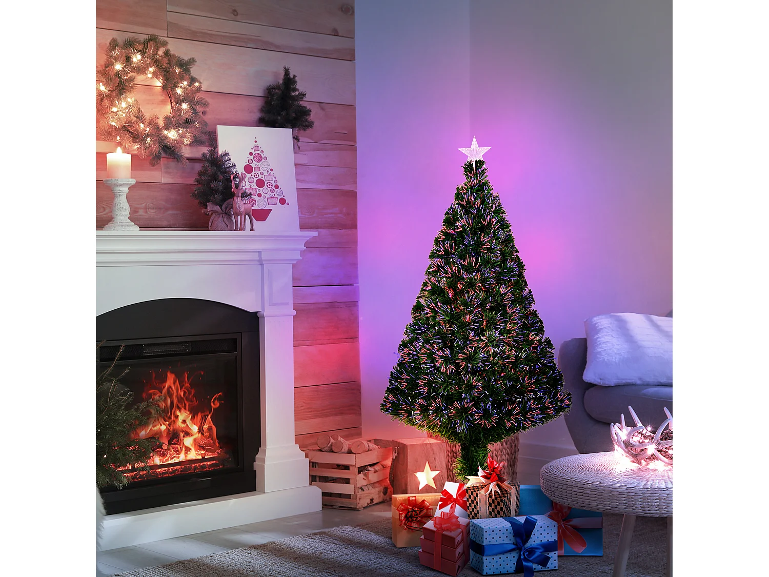 Sapin de Noël artificiel lumineux fibre optique multicolore + support pied Ø 60 x 120H cm 130 branches étoile sommet brillante vert