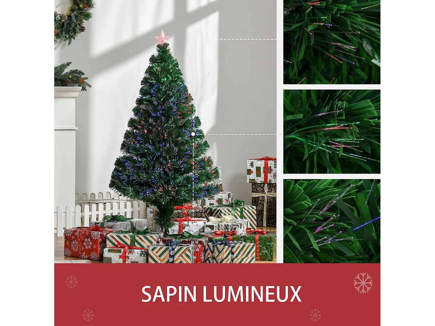 Sapin de Noël artificiel lumineux fibre optique multicolore + support pied Ø 60 x 120H cm 130 branches étoile sommet brillante vert