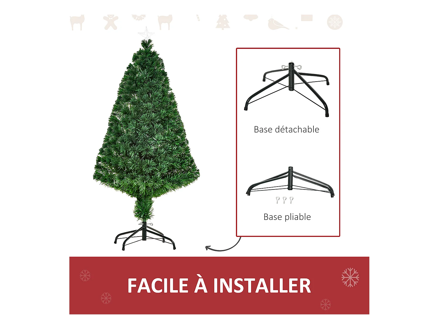 Sapin de Noël artificiel lumineux fibre optique multicolore + support pied Ø 60 x 120H cm 130 branches étoile sommet brillante vert