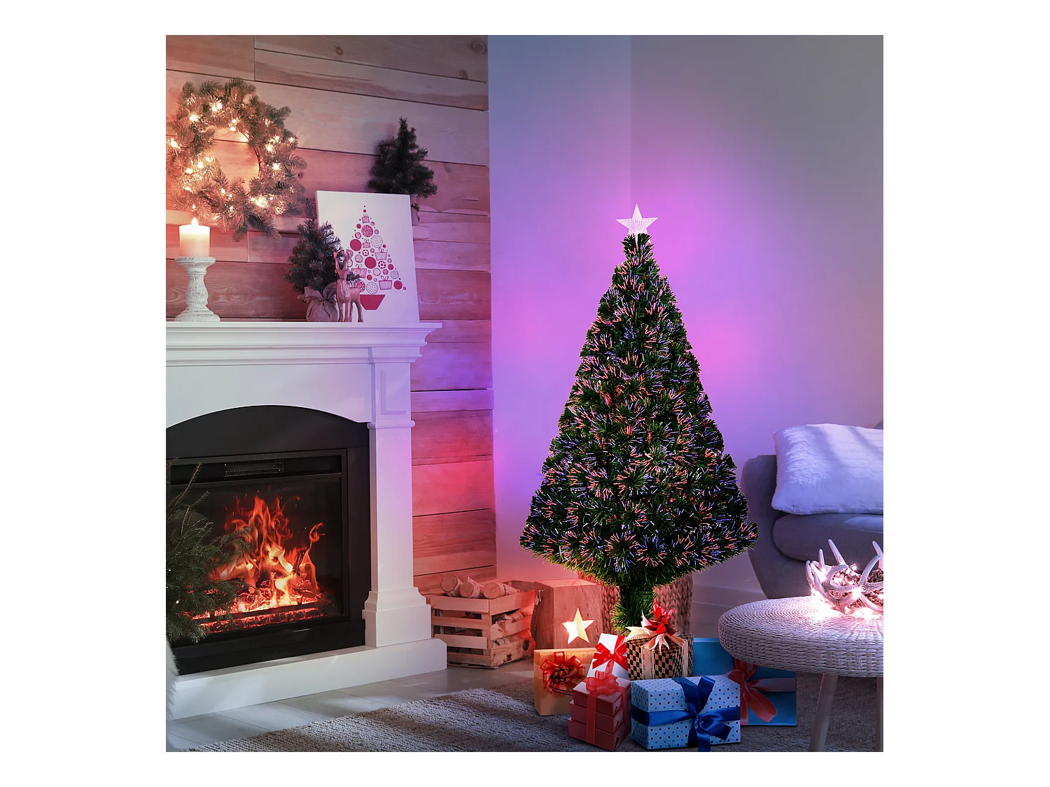 Sapin de Noël artificiel lumineux fibre optique multicolore + support pied Ø 60 x 120H cm 130 branches étoile sommet brillante vert