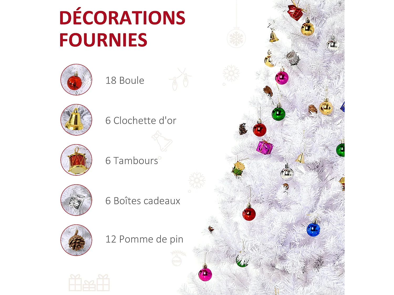 Sapin arbre de Noël artificiel blanc 150 cm 680 branches avec nombreux accessoires variés