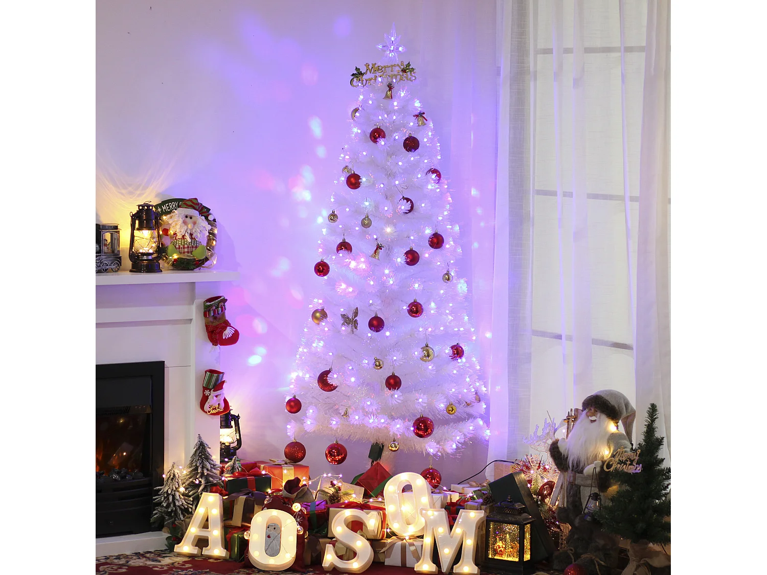 Sapin de Noël artificiel blanc sapin lumineux fibre optique + 220 LED couleurs RVB 7 modes support pied inclus Ø 80 x 180H cm 220 branches étoile sommet brillante