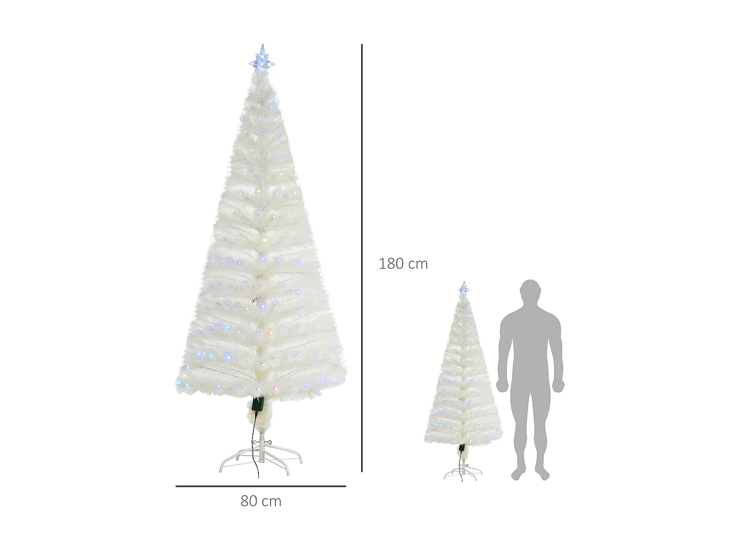 Sapin de Noël artificiel blanc sapin lumineux fibre optique + 220 LED couleurs RVB 7 modes support pied inclus Ø 80 x 180H cm 220 branches étoile sommet brillante