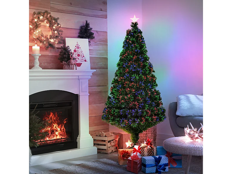Sapin de Noël artificiel lumineux fibre optique multicolore + support pied Ø 75 x 150H cm 180 branches étoile sommet brillante vert