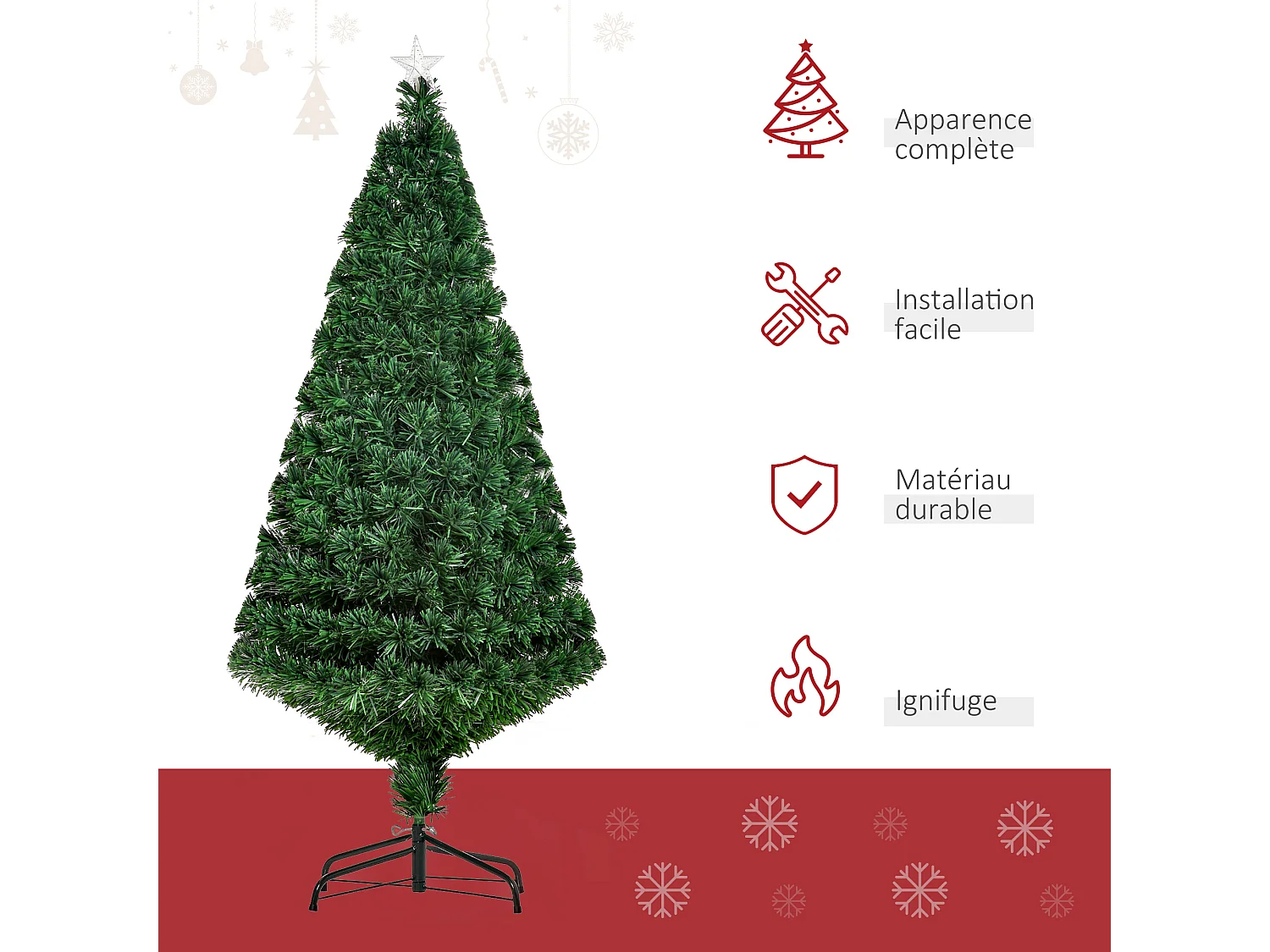 Sapin de Noël artificiel lumineux fibre optique multicolore + support pied Ø 75 x 150H cm 180 branches étoile sommet brillante vert
