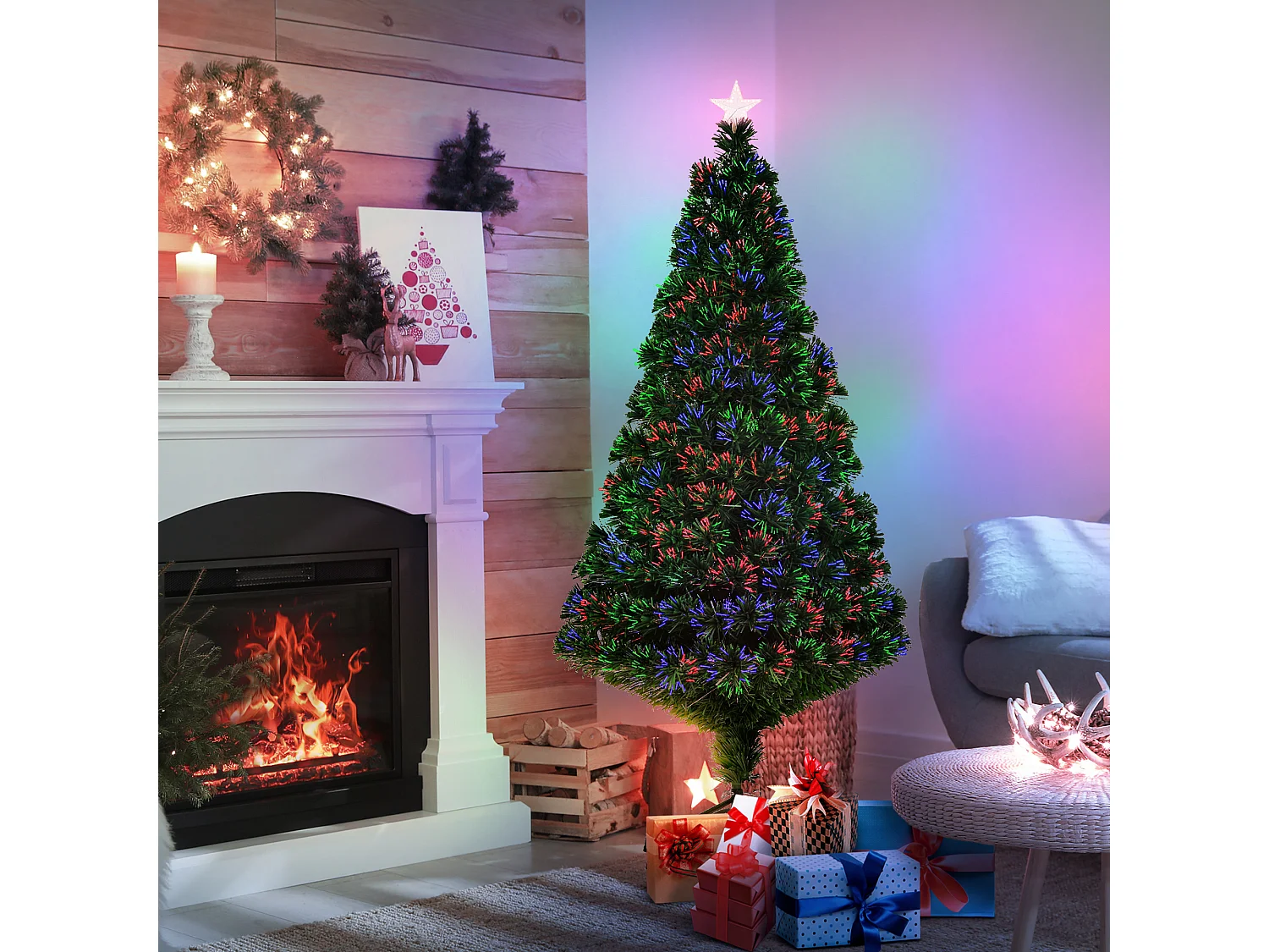 Sapin de Noël artificiel lumineux fibre optique multicolore + support pied Ø 75 x 150H cm 180 branches étoile sommet brillante vert