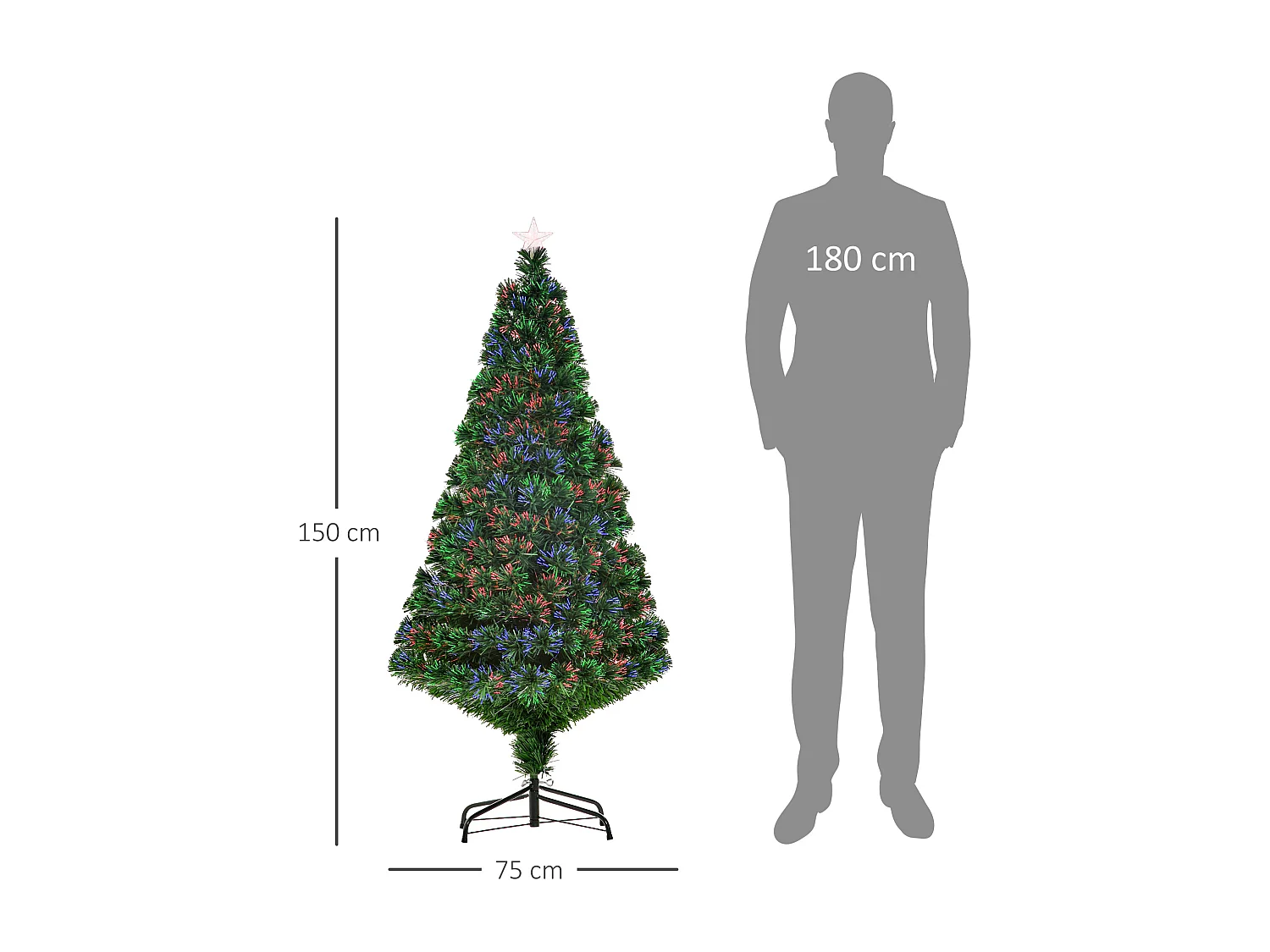 Sapin de Noël artificiel lumineux fibre optique multicolore + support pied Ø 75 x 150H cm 180 branches étoile sommet brillante vert
