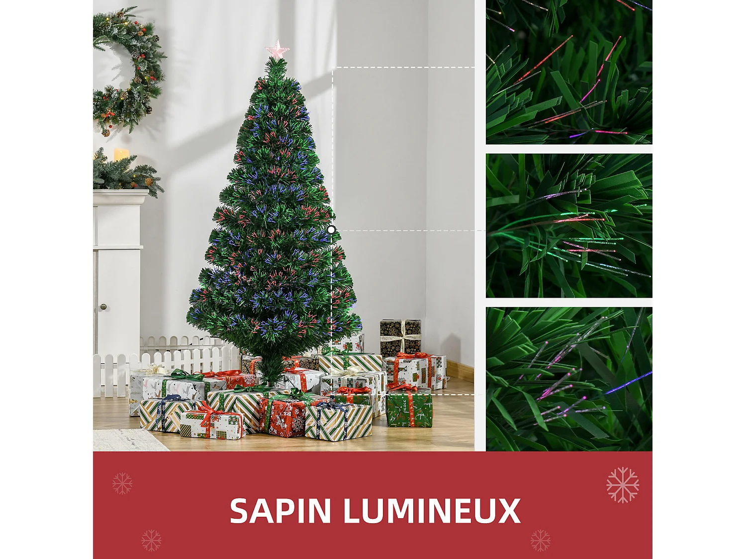 Sapin de Noël artificiel lumineux fibre optique multicolore + support pied Ø 75 x 150H cm 180 branches étoile sommet brillante vert