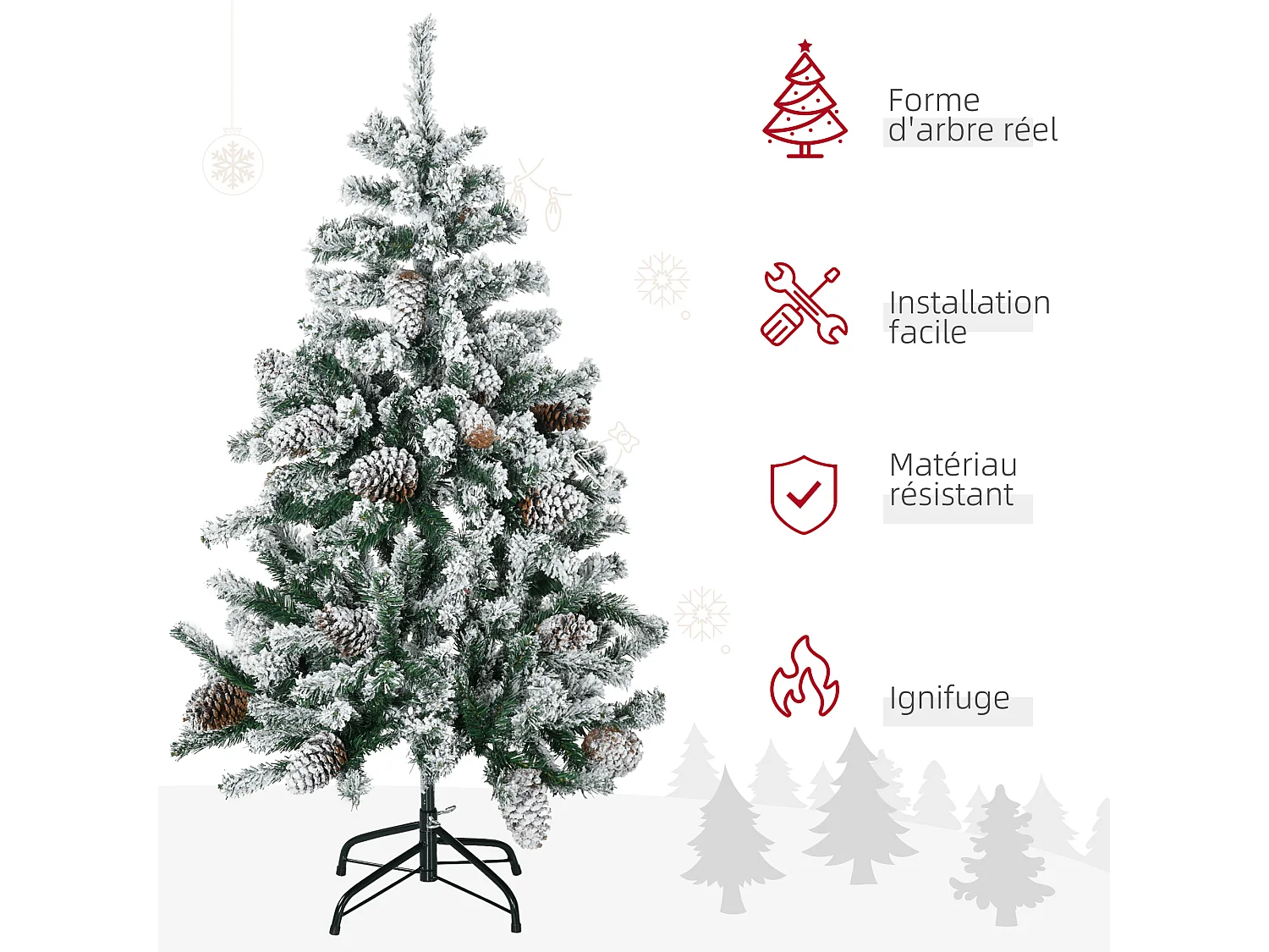 Sapin de Noël artificiel avec 28 pommes de pin arbre de Noël 269 branches enneigées support en acier socle pliable hauteur 120 cm vert