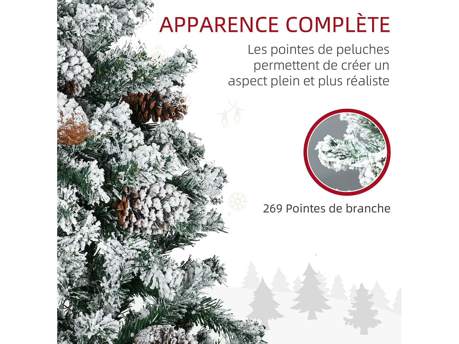 Sapin de Noël artificiel avec 28 pommes de pin arbre de Noël 269 branches enneigées support en acier socle pliable hauteur 120 cm vert
