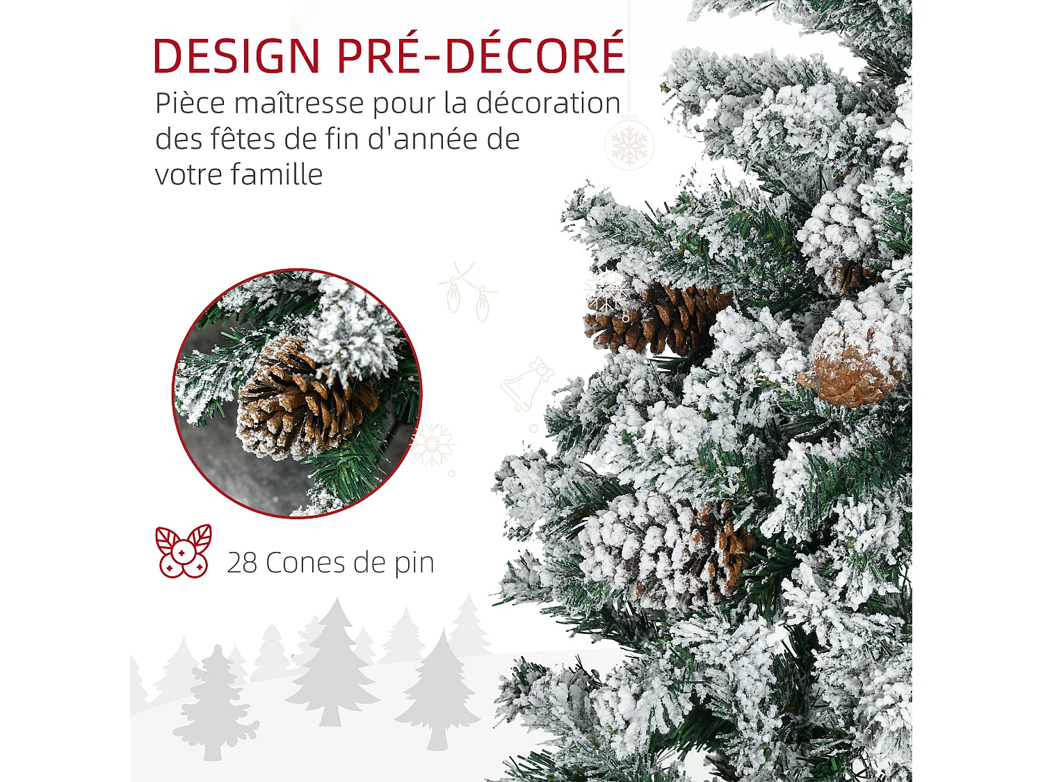Sapin de Noël artificiel avec 28 pommes de pin arbre de Noël 269 branches enneigées support en acier socle pliable hauteur 120 cm vert