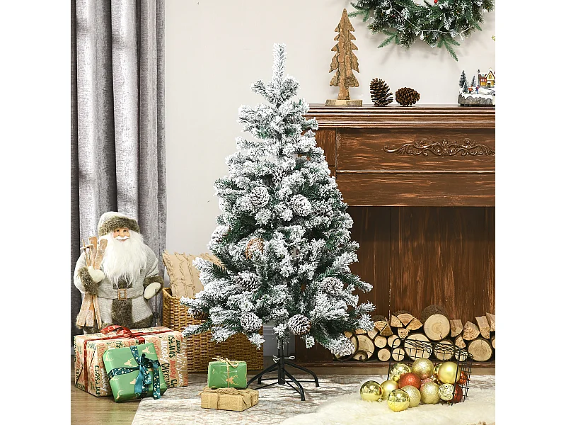 Sapin de Noël artificiel avec 28 pommes de pin arbre de Noël 269 branches enneigées support en acier socle pliable hauteur 120 cm vert