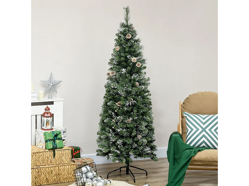 Sapin de Noël artificiel aspect enneigé Ø 65 x 180H cm 37 pommes de pin 618 branches épines imitation Nordmann grand réalisme