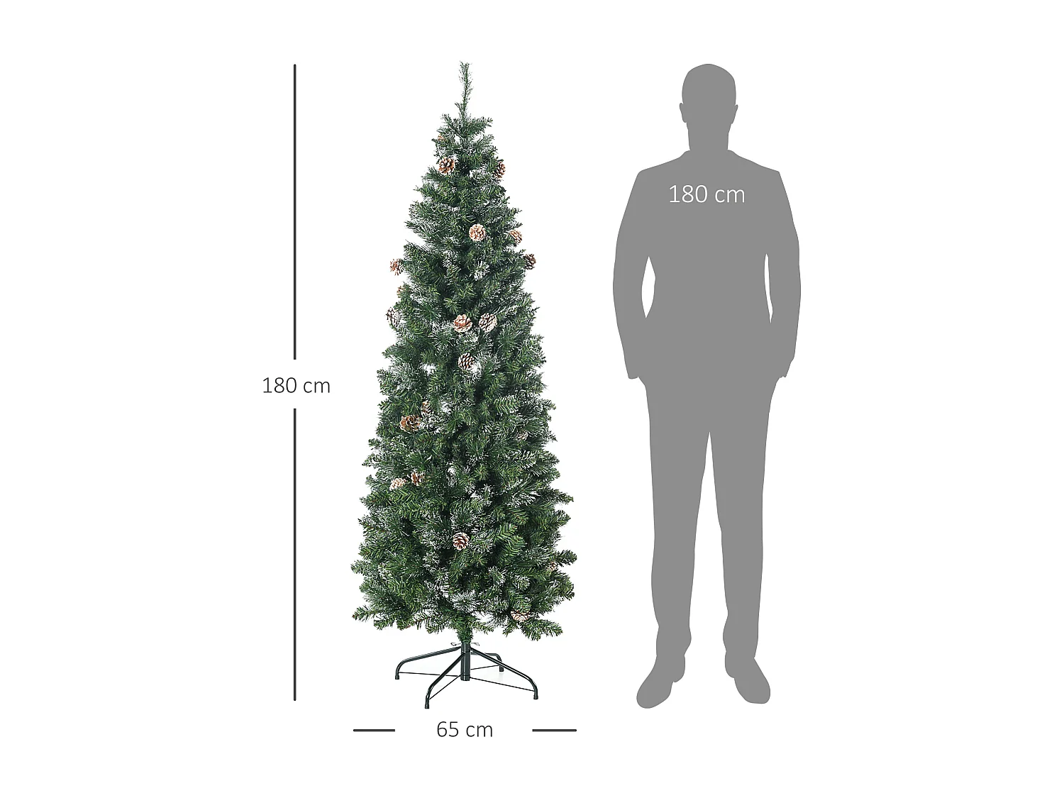 Sapin de Noël artificiel aspect enneigé Ø 65 x 180H cm 37 pommes de pin 618 branches épines imitation Nordmann grand réalisme