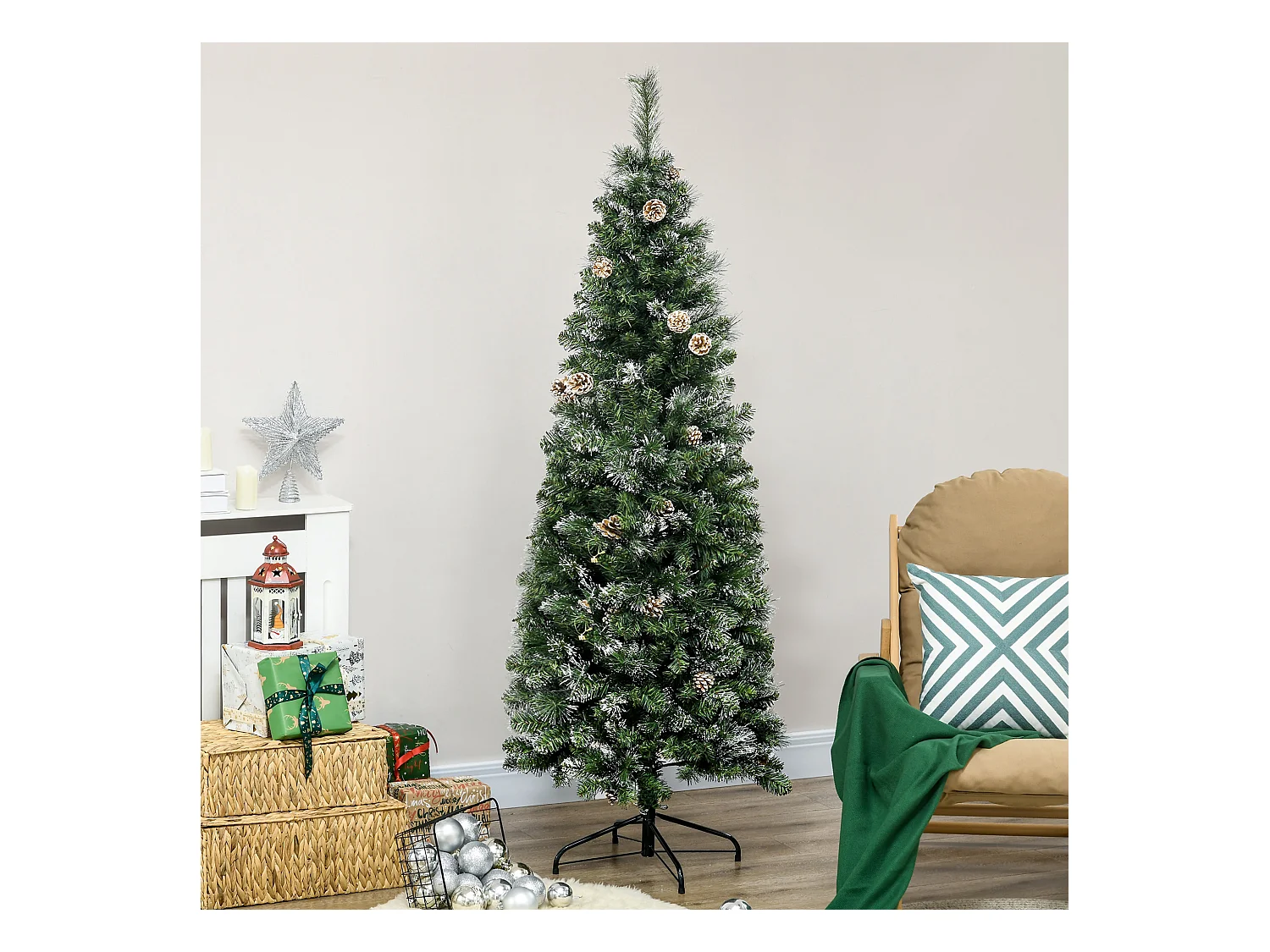 Sapin de Noël artificiel aspect enneigé Ø 65 x 180H cm 37 pommes de pin 618 branches épines imitation Nordmann grand réalisme
