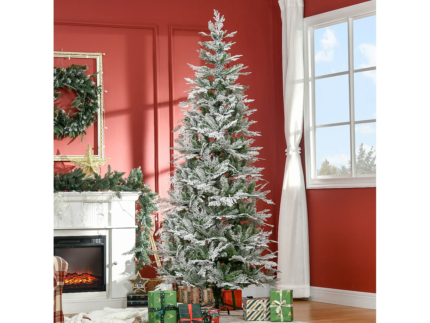 Sapin de Noël artificiel aspect enneigé Ø 80 x 225H cm pied support inclus 880 branches épines grand réalisme