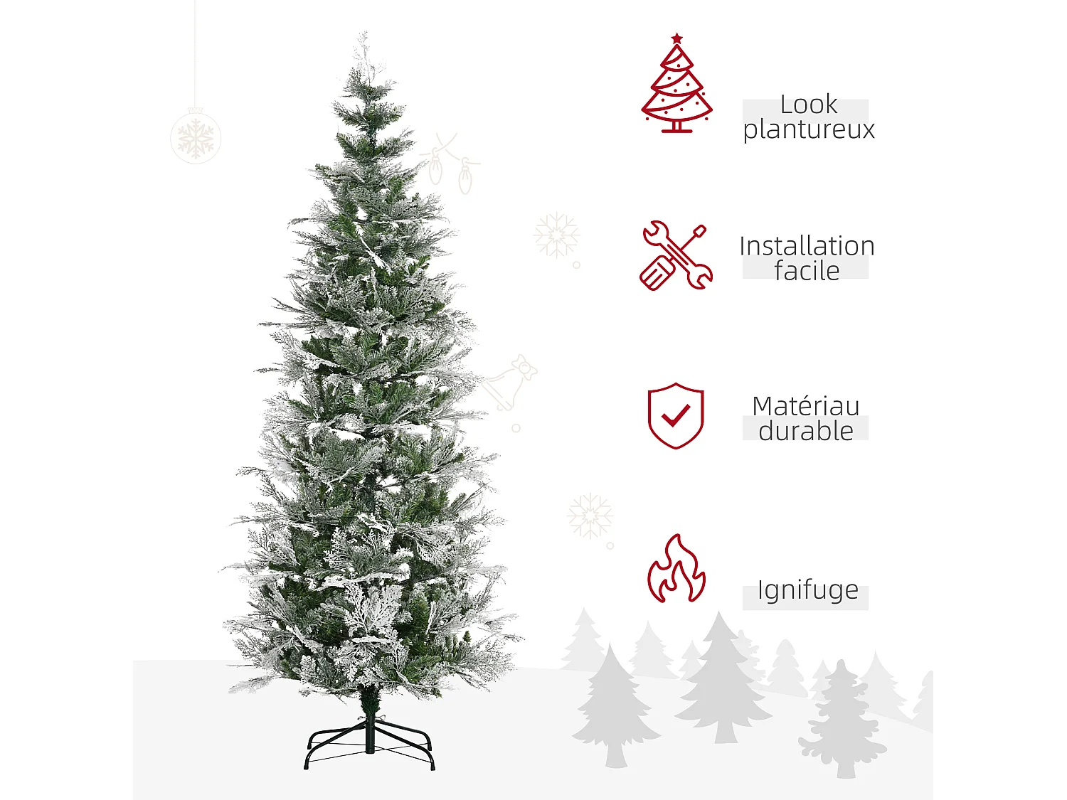 Sapin de Noël artificiel aspect enneigé Ø 80 x 225H cm pied support inclus 880 branches épines grand réalisme