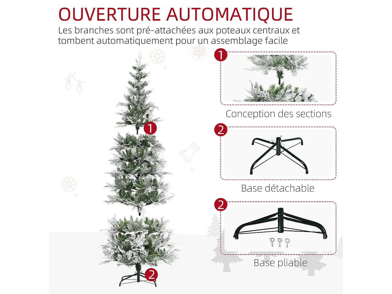 Sapin de Noël artificiel aspect enneigé Ø 80 x 225H cm pied support inclus 880 branches épines grand réalisme
