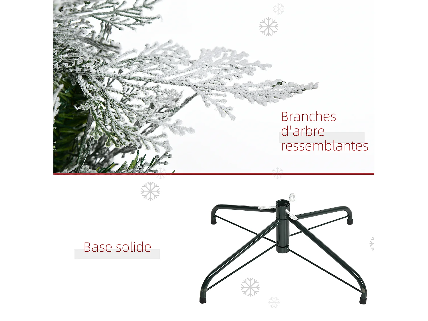 Sapin de Noël artificiel aspect enneigé Ø 80 x 225H cm pied support inclus 880 branches épines grand réalisme