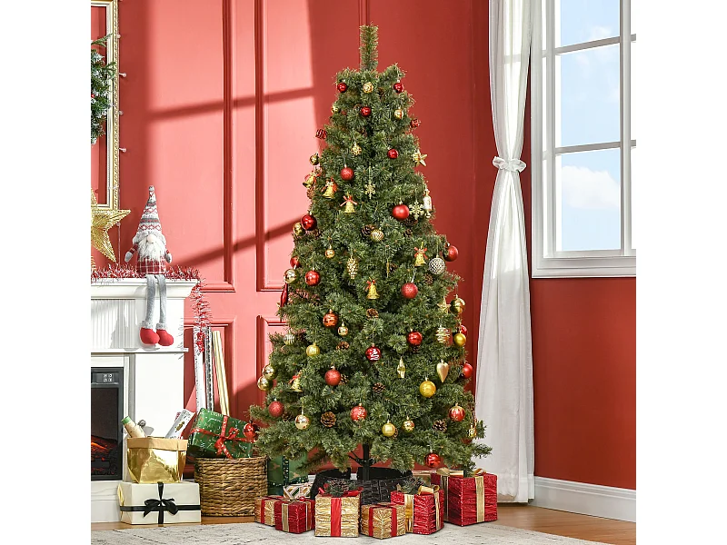 Sapin de Noël artificiel Ø 87 x 180H cm - 450 branches épines imitation Nordmann grand réalisme - 28 pommes de pin - métal PVC vert
