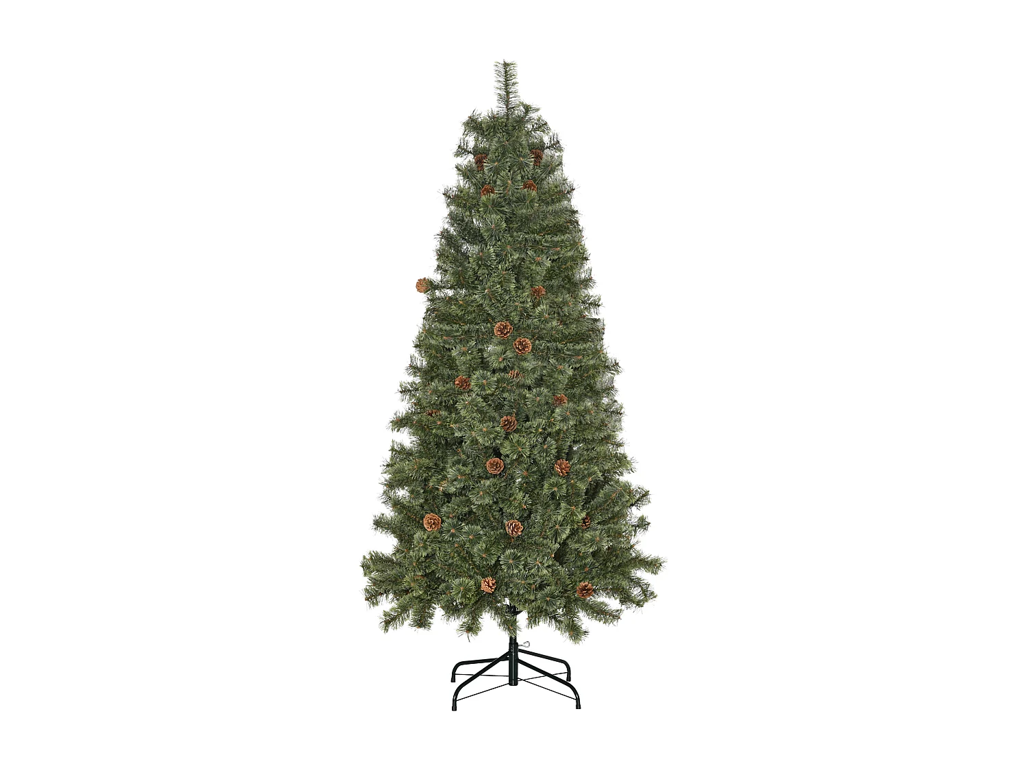 Sapin de Noël artificiel Ø 87 x 180H cm - 450 branches épines imitation Nordmann grand réalisme - 28 pommes de pin - métal PVC vert