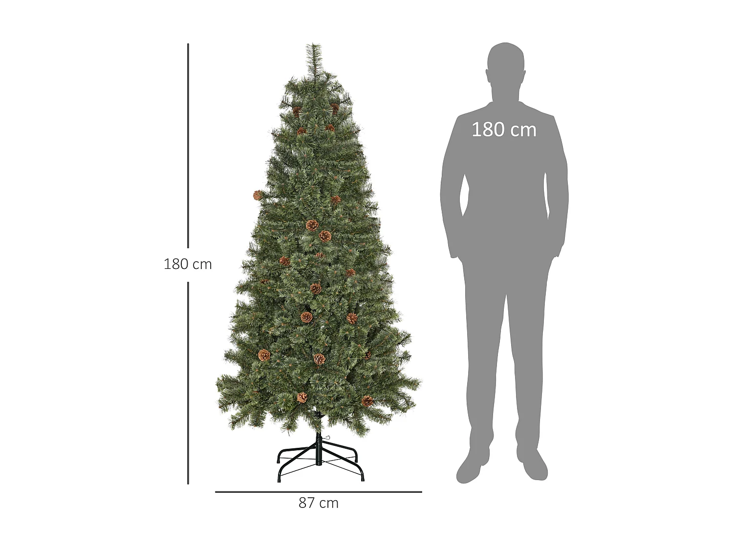 Sapin de Noël artificiel Ø 87 x 180H cm - 450 branches épines imitation Nordmann grand réalisme - 28 pommes de pin - métal PVC vert