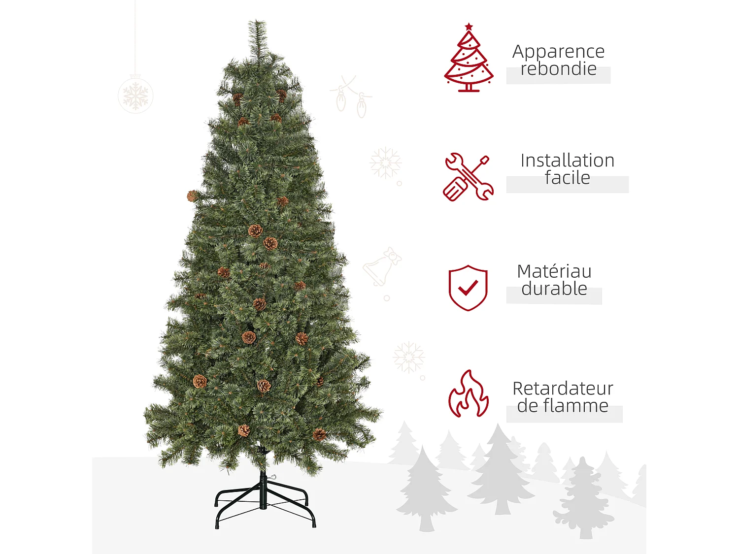 Sapin de Noël artificiel Ø 87 x 180H cm - 450 branches épines imitation Nordmann grand réalisme - 28 pommes de pin - métal PVC vert