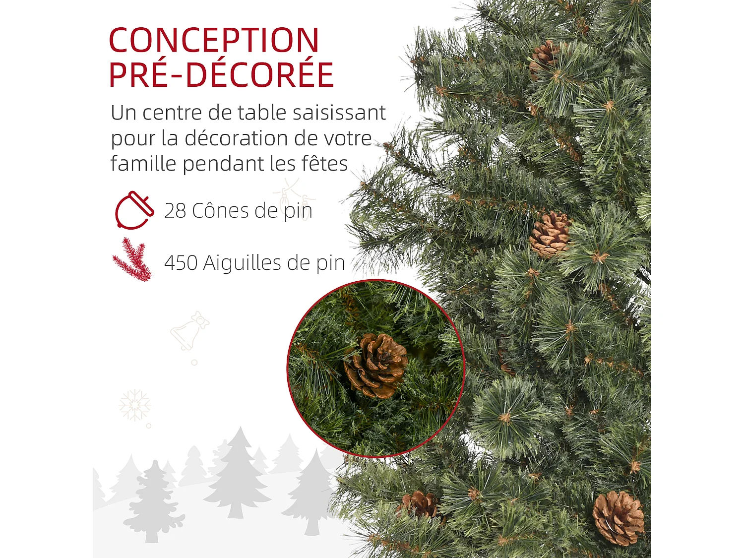 Sapin de Noël artificiel Ø 87 x 180H cm - 450 branches épines imitation Nordmann grand réalisme - 28 pommes de pin - métal PVC vert