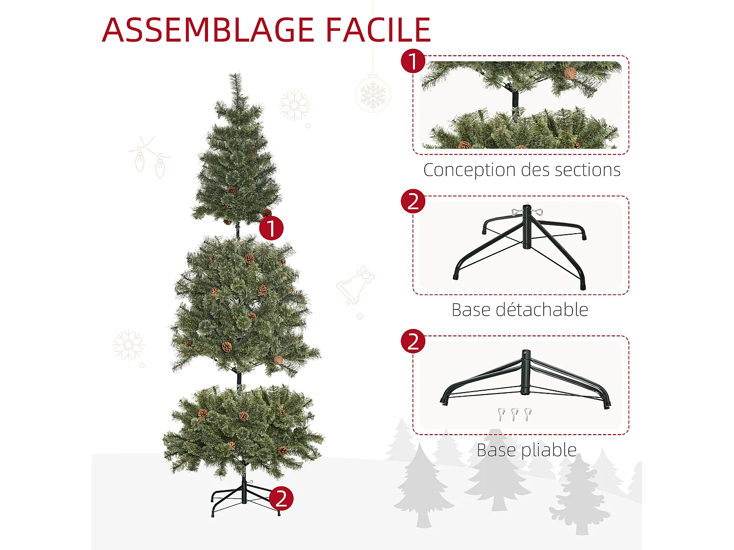 Sapin de Noël artificiel Ø 87 x 180H cm - 450 branches épines imitation Nordmann grand réalisme - 28 pommes de pin - métal PVC vert